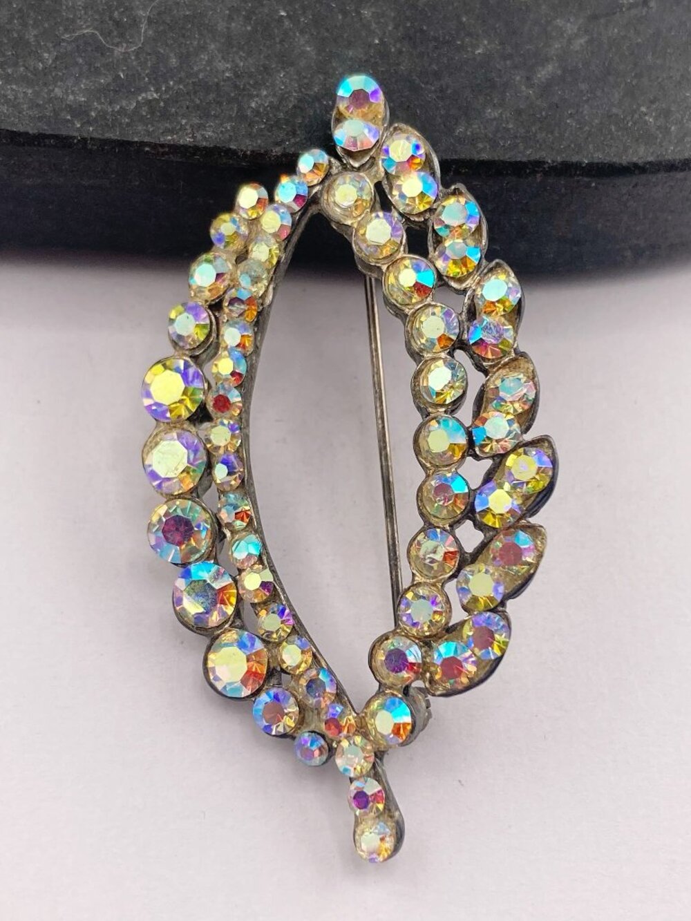 VINTAGE Silver tone metal and aurora borealis rhinestone leaf brooch 1950s pin